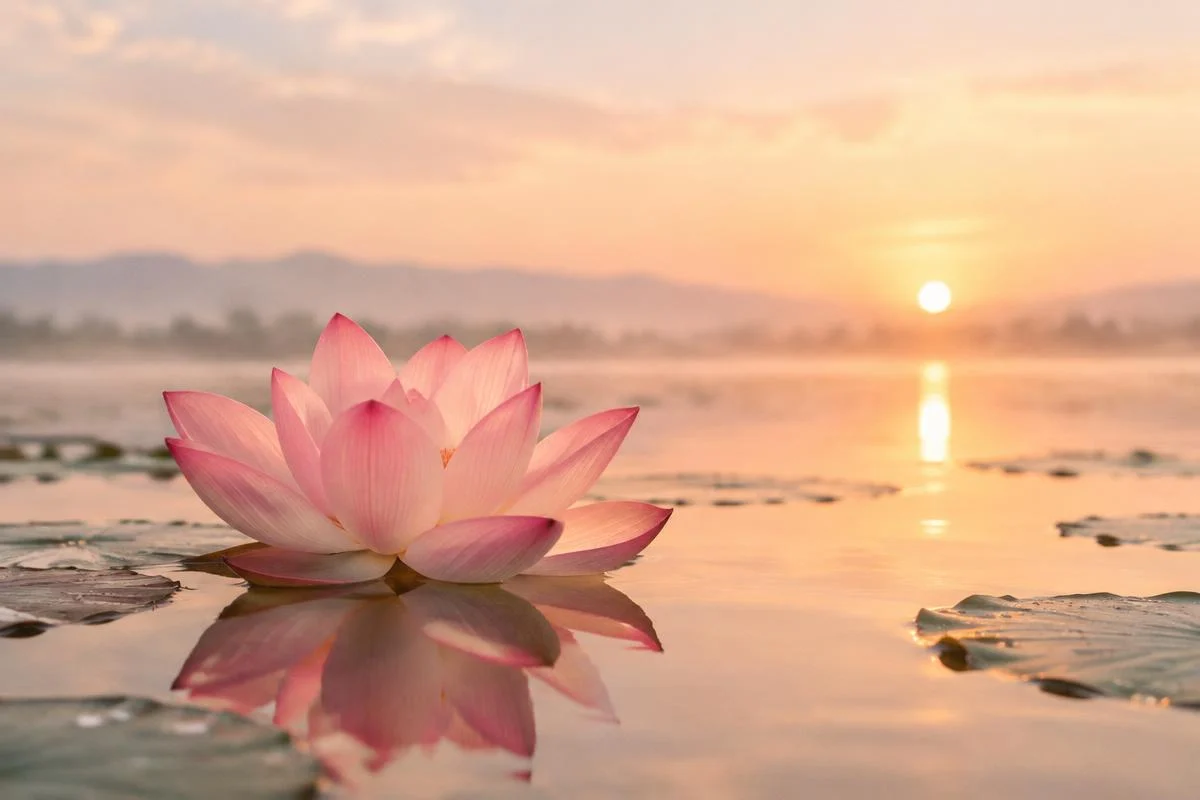 Pink lotus on still water at sunrise