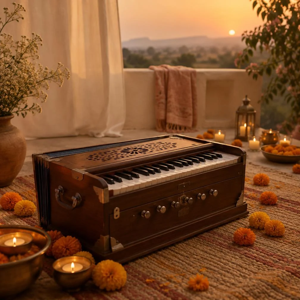 Harmonium with marigolds and candles