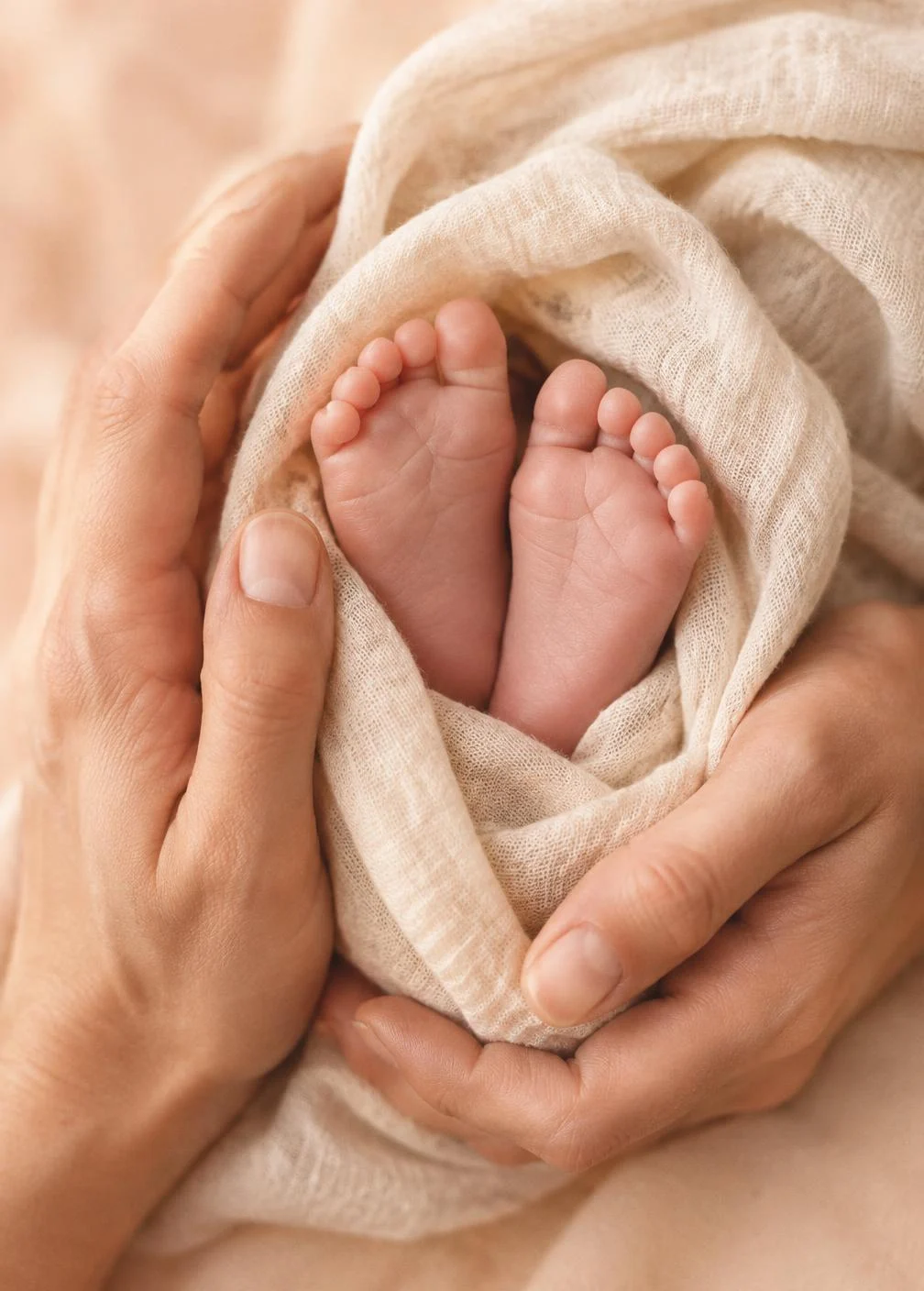 Hands gently cradling tiny feet in cream linen