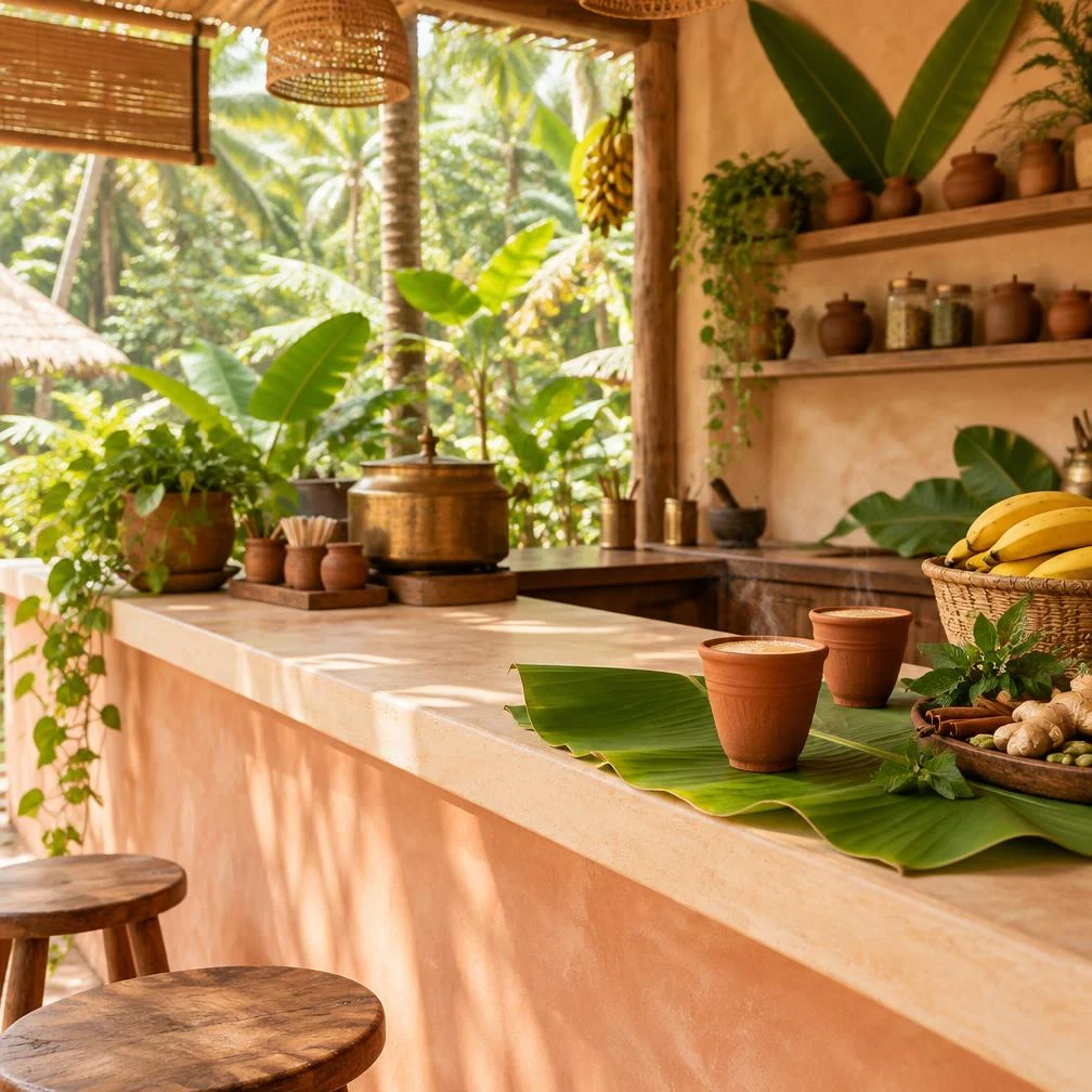 Illustrative empty Ayurvedic café counter