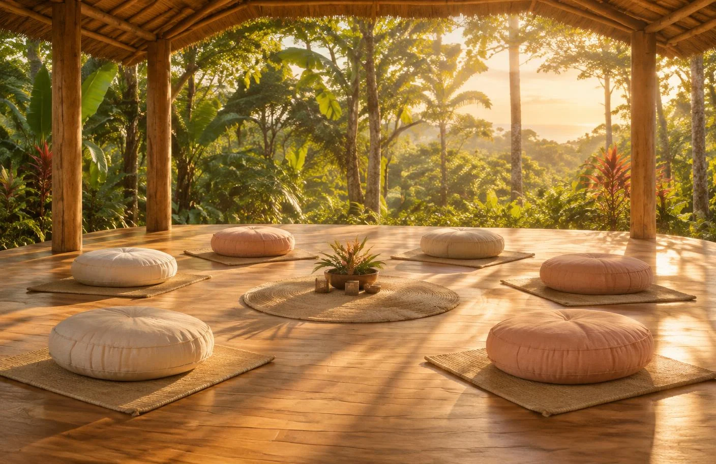 Illustrative empty jungle shala with floor cushions