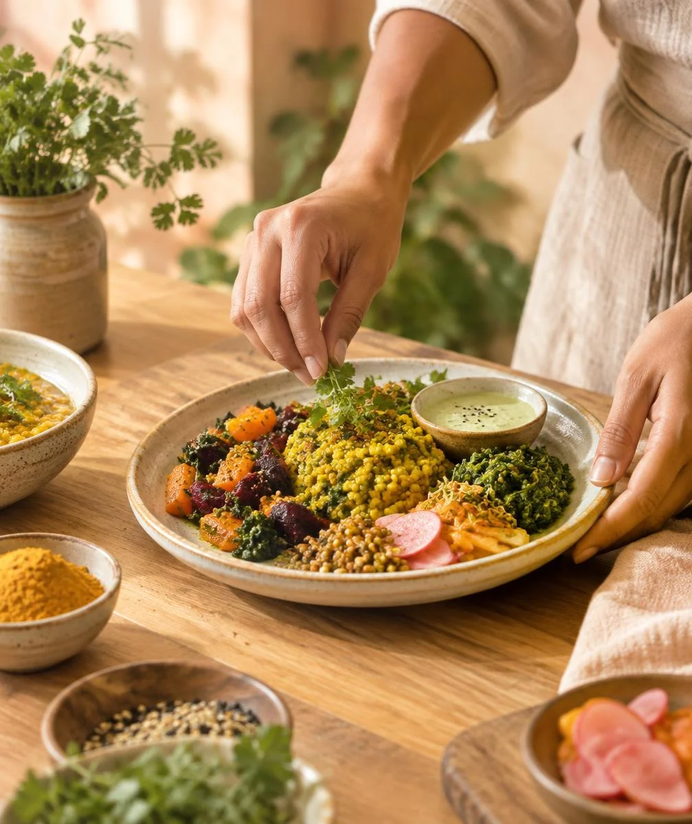 Hands plating a colorful Ayurvedic meal