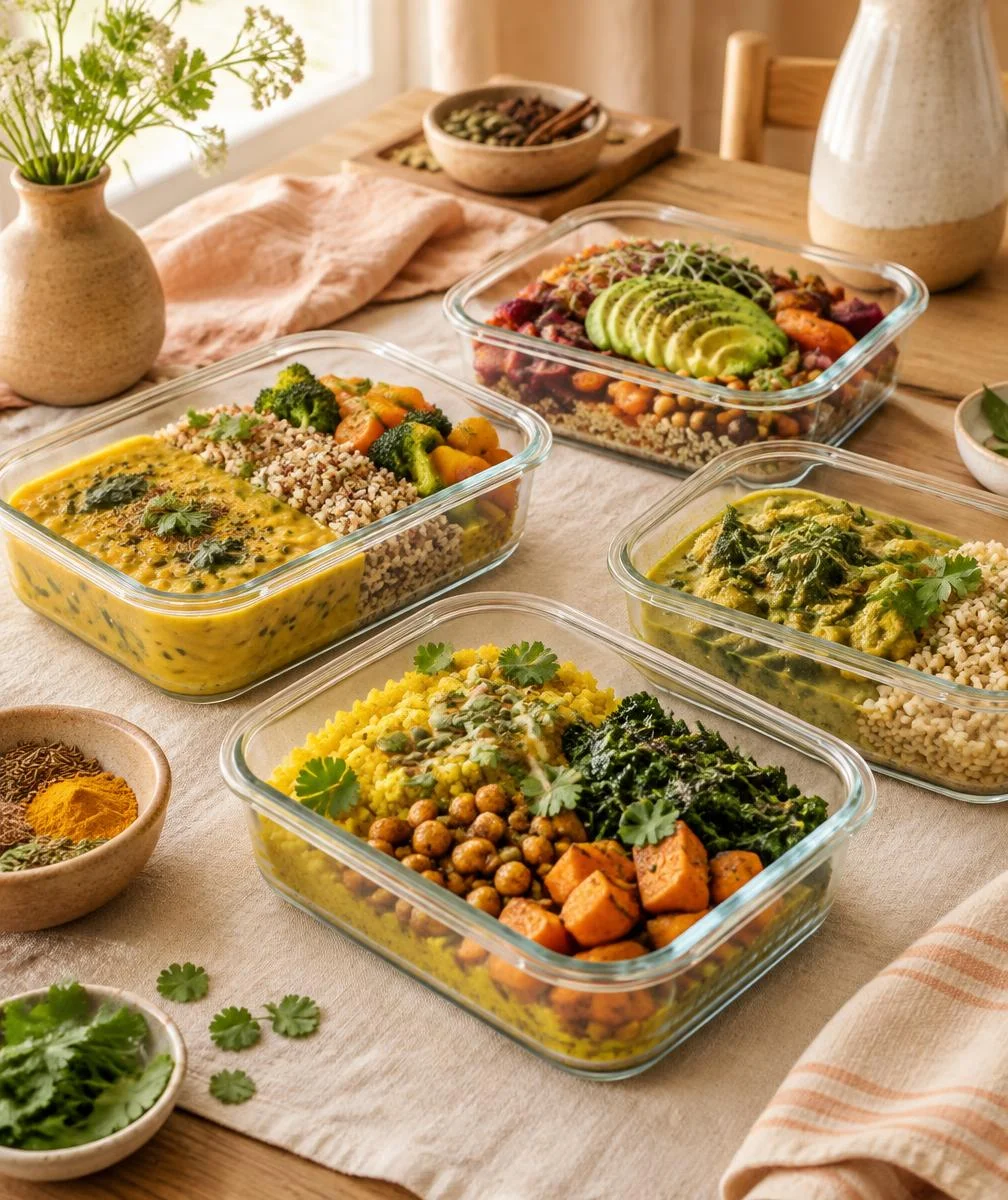 Glass containers of colorful Ayurvedic meals