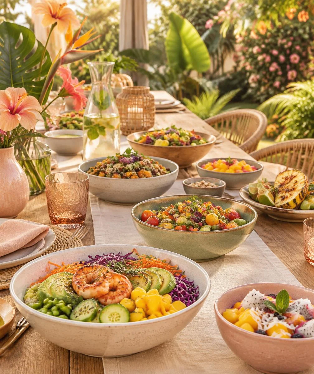 Illustrative garden table with bowls of food