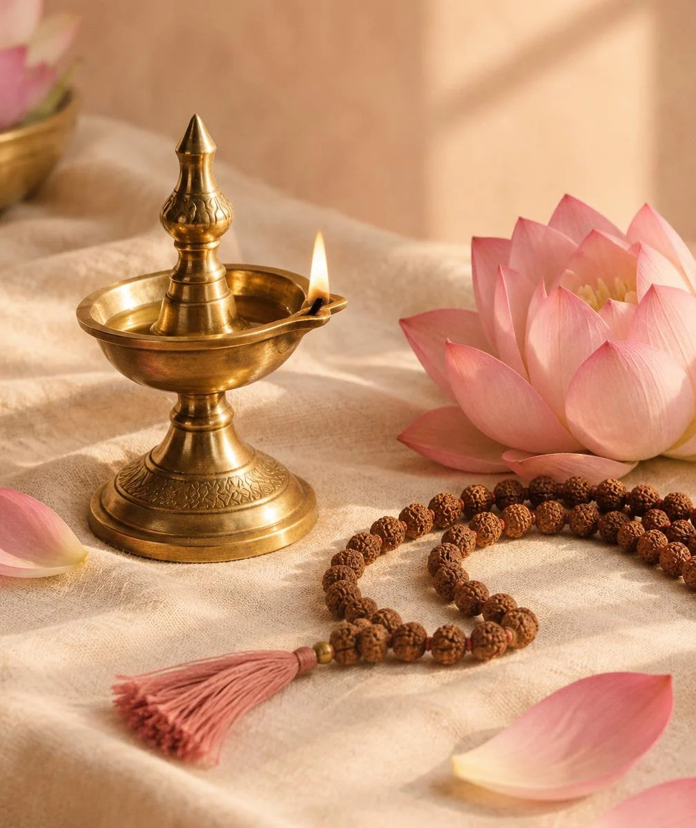 Brass diya, mala and pink lotus on linen