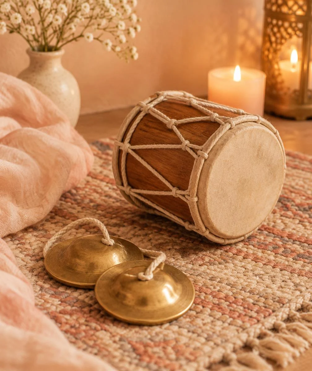 Kartals and hand drum on a woven rug