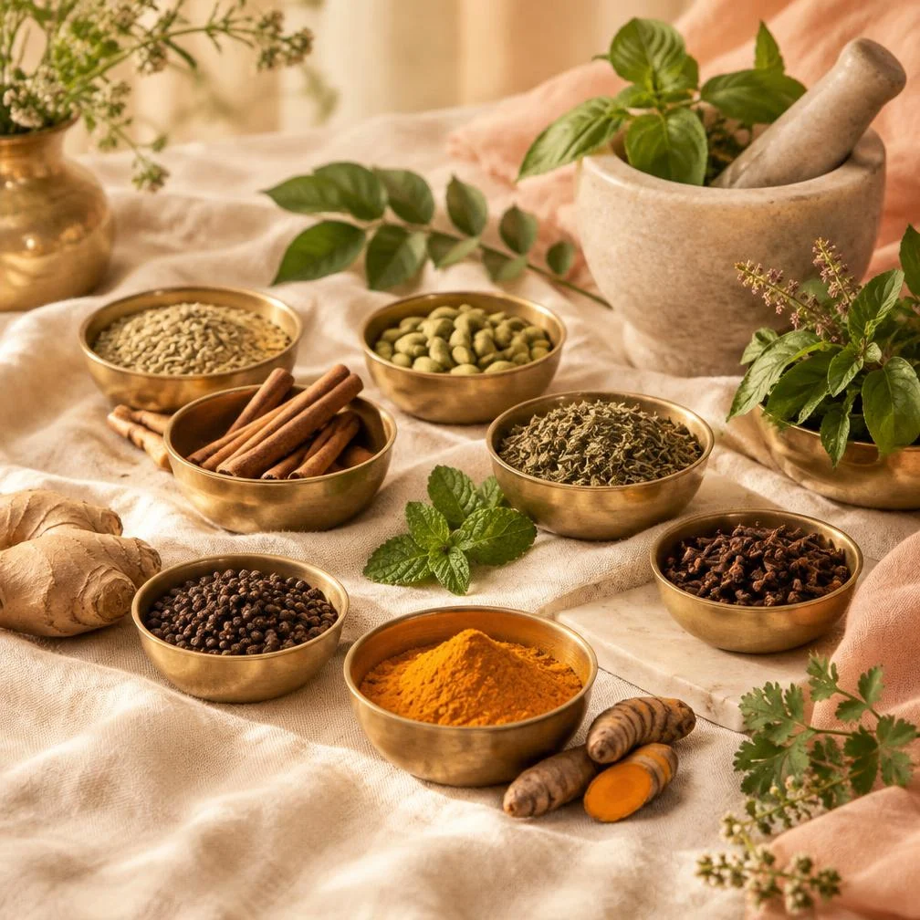 Ayurvedic spices in brass bowls with fresh herbs