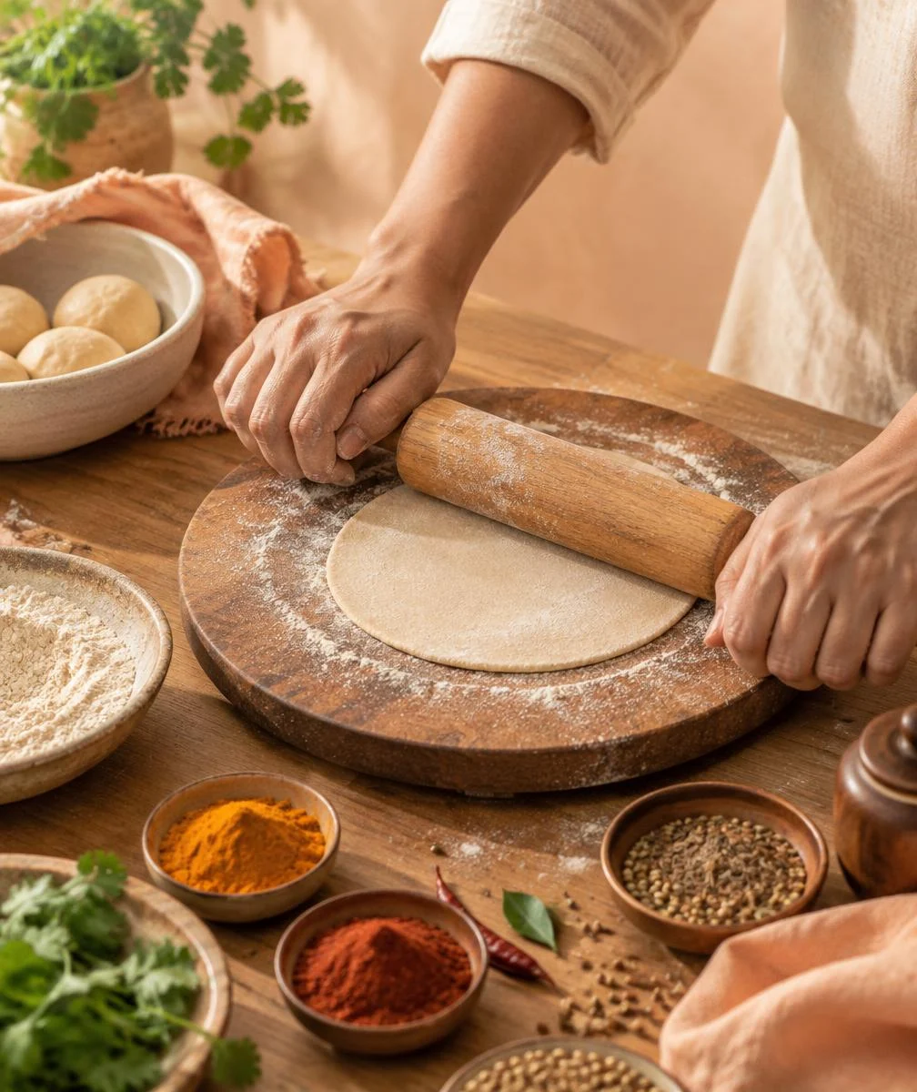 Hands rolling chapati beside spices