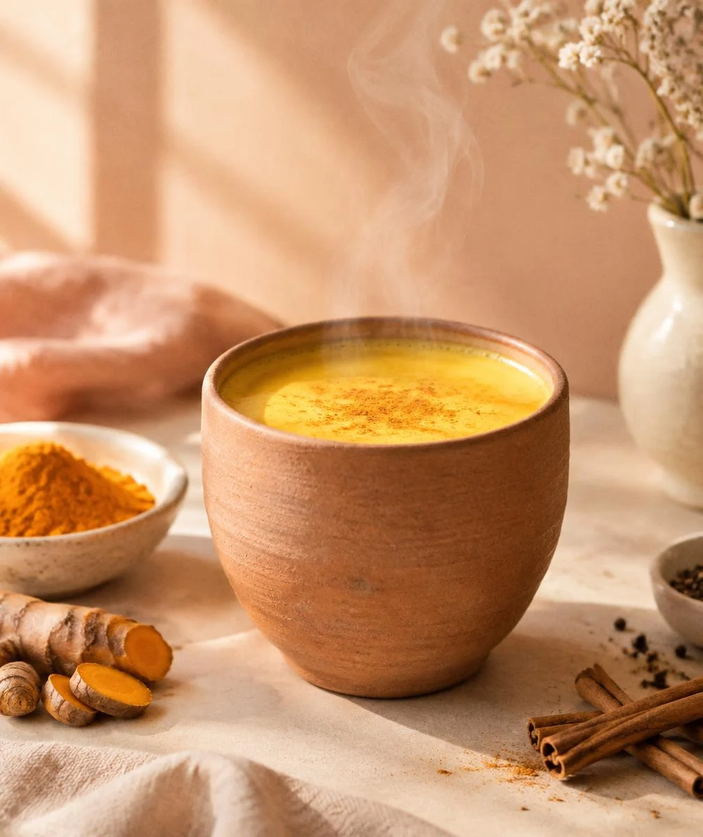 Turmeric latte in a clay cup