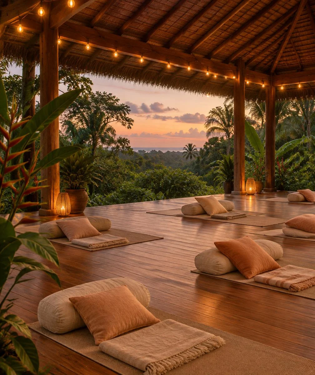 Illustrative empty open-air shala at dusk