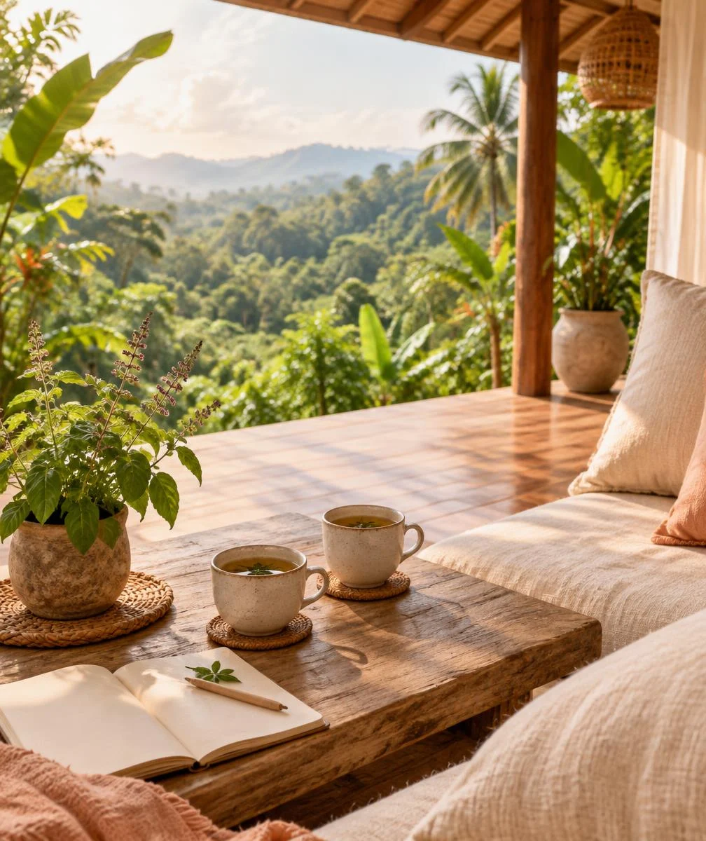Empty tropical veranda with tea and a notebook