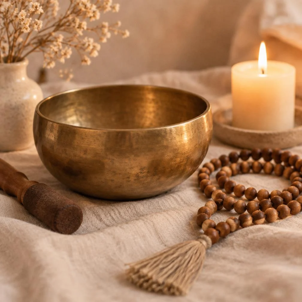 Brass singing bowl and mala beads by candlelight