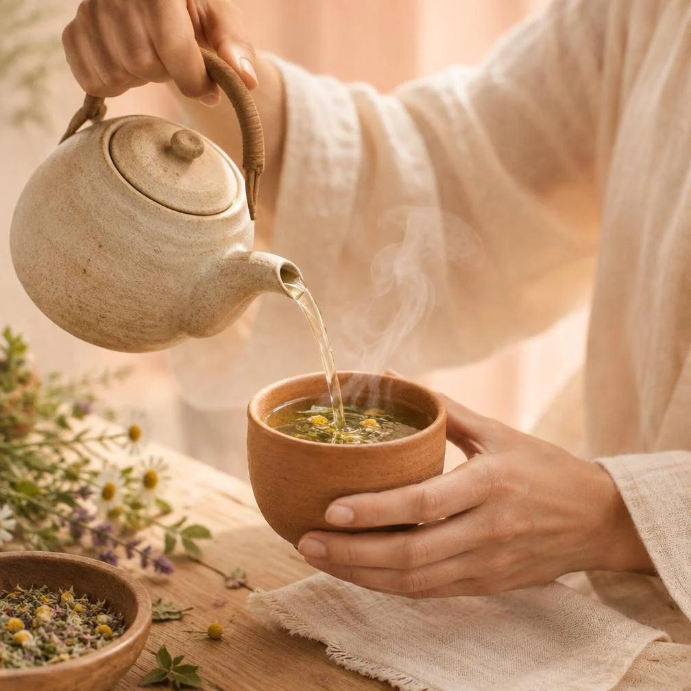Hands pouring herbal tea into a clay cup