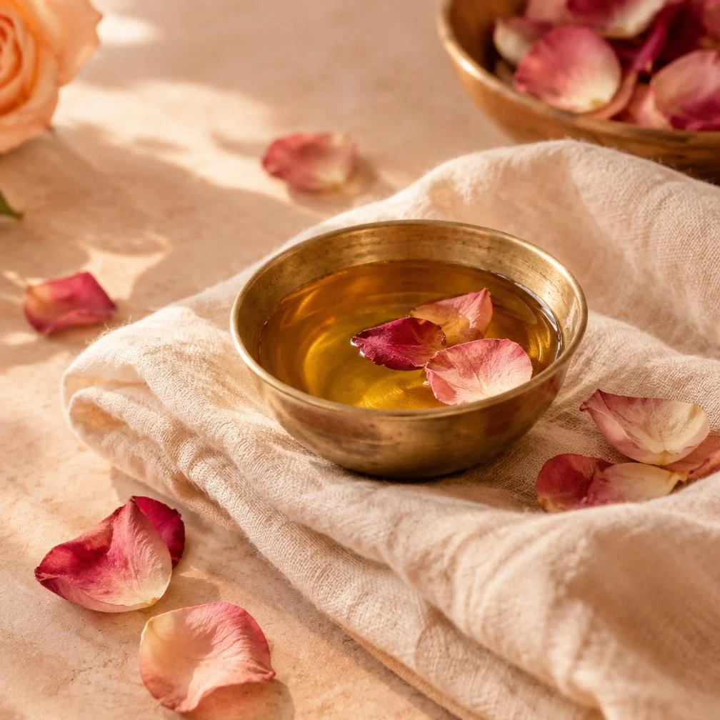 Brass bowl of oil with rose petals and linen