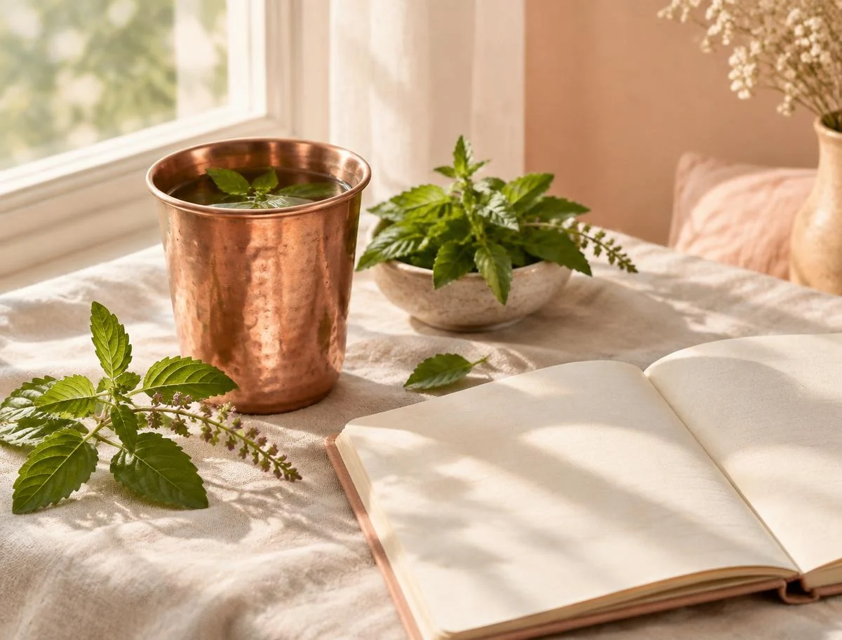 Copper cup and tulsi leaves in window light