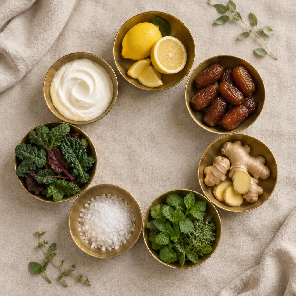 Brass bowls with ingredients of the six tastes